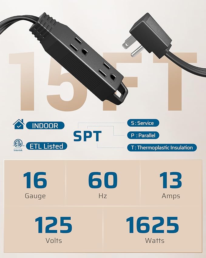 DEWENWILS 15FT Flat Plug Extension Cord, 3 Prong Ultra Thin Power Strip, 13A/125V/1625W, 16/3 Awg Grounded Flat Power Cable for Indoor Narrow Space, SPT-3 Cord, ETL Listed, Black