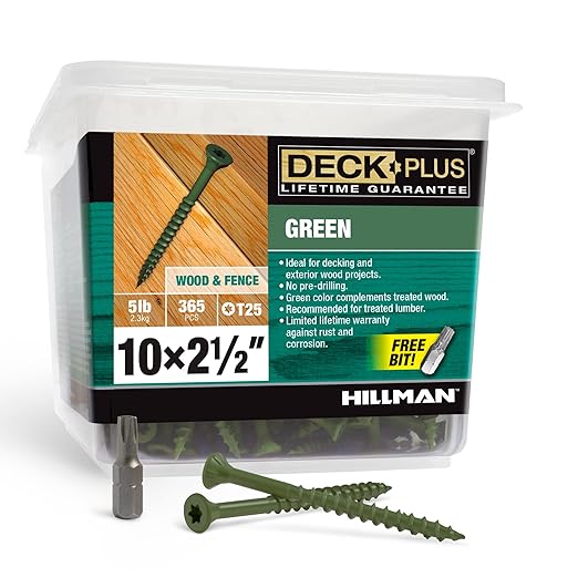 Deck Plus 2-1/2 Inch Epoxy Coated Exterior Wood and Fence Screws #10 x 2-1/2" Torx/Star Drive Included Coarse Thread, Outdoor Rust Resistant Decking Screw, Green, 5 lb Box, 365 Pieces | 48402