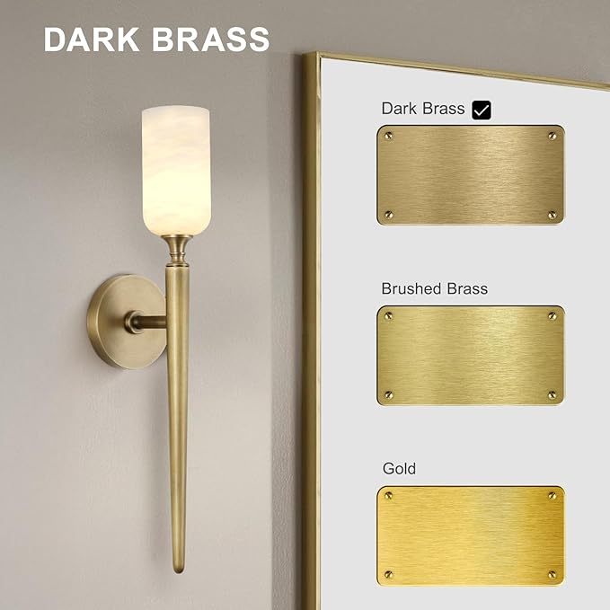 Alabaster Wall Sconces Set of Two, 22in Modern Spanish Natural Marble Bathroom Vanity Sconces, Brass Alabaster Sconce Wall Lighting, Gold Wall Light Fixtures Decor for Bedroom Living Room Staircases