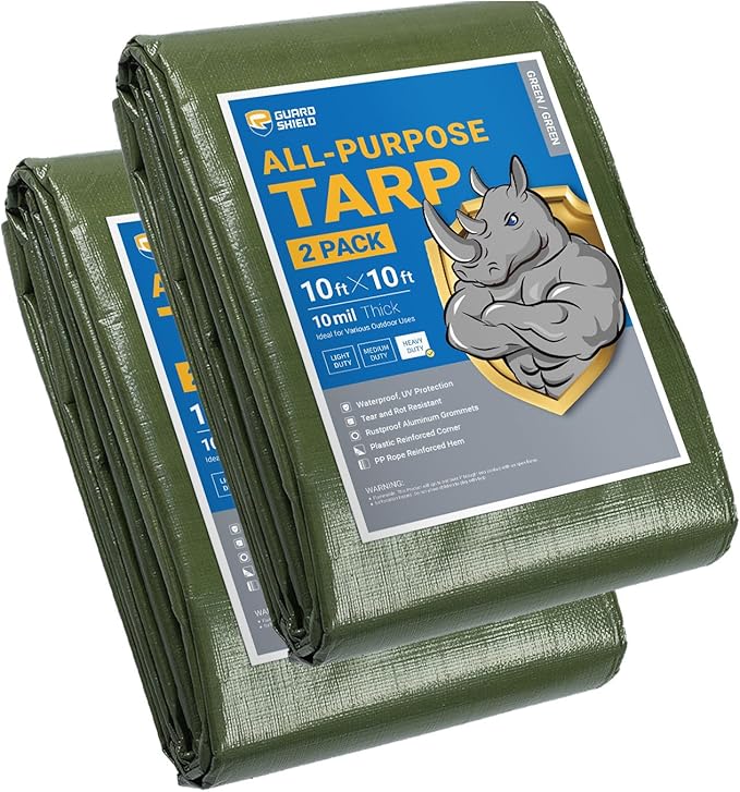 GUARD SHIELD Tarps Heavy Duty Waterproof 10x10 Feet Green Poly Tarp Cover Square Outdoor Thick UV Resistant Tarpaulin with Grommets 10mil (2-Pack)