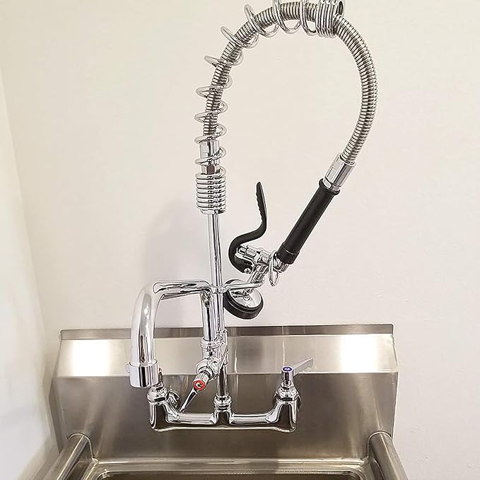 Commercial Faucet with Sprayer 21" Height 8" Center Wall Mount Kitchen Sink Faucet Brass Constructed Polished Chrome Pre-Rinse Device with Spring and 8" Add-on Spout