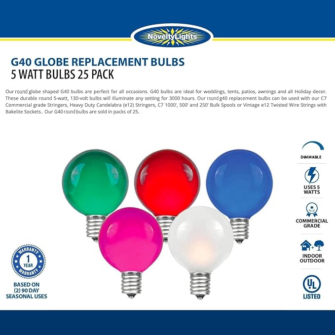Novelty Lights 25 Pack G40 Pink Outdoor Globe Bulbs, Light Bulbs Glass Incandescent Bulbs with 3000 Hour Lifespan, Globe String Lights Replacement Bulbs