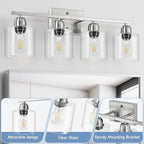 Modern Brushed Nickel 4 Light Bathroom Light Fixtures, 24 inch Vanity Lights for Bathroom with Clear Glass for Mirror Kitchen Living Room Hallway Cabinet Porch