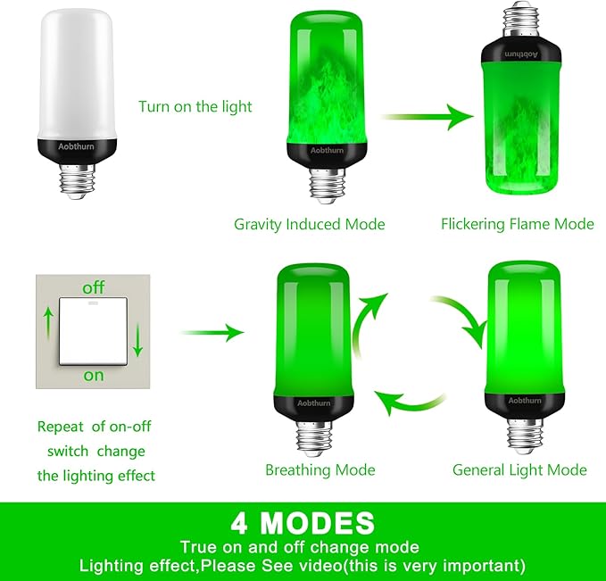 Flame Light Bulbs, 4 Modes LED Flame Effect Light Bulb, E26 Base Flickering Light Bulb with Gravity Sensor,Flickering Light Bulbs Halloween Home Party (Green-2 Pack), AF240301A