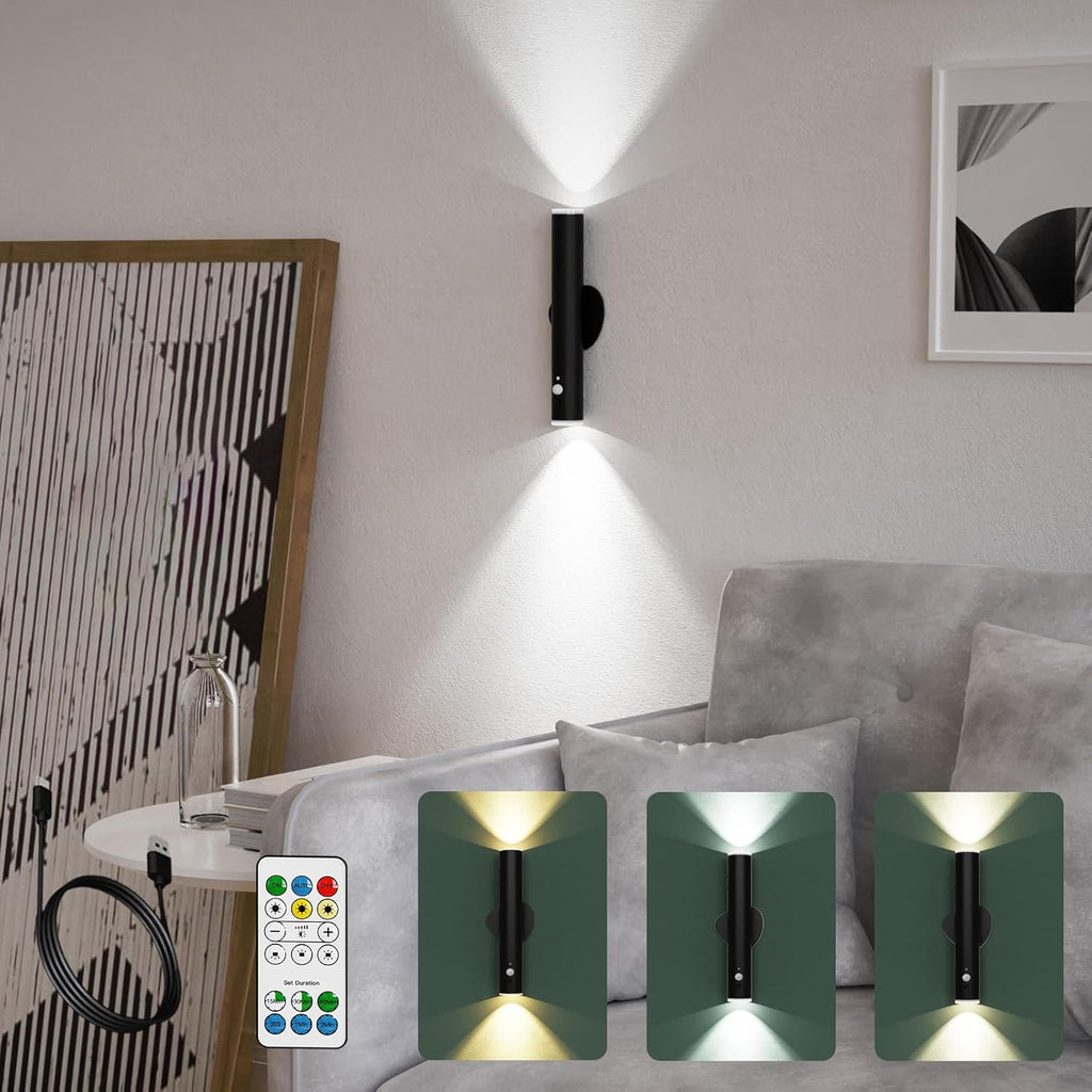 Battery Operated Wall Sconce, Rechargeable Wall Lights with Motion Sensor, Remote Control, Dimmable Metal Magnetic Wall Lamp for Decor, Bedroom, Living Room, Night Light (Black, 1Pcs)