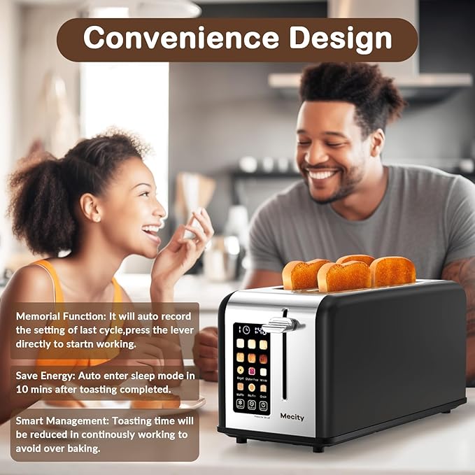Mecity 4 Slice Toaster with Touchscreen Long Slot, Stainless Steel Smart Bread Toaster for Bagel Muffin Waffle Gluten Free Breads, Timer, Defrost, Reheat, 120V 1400W