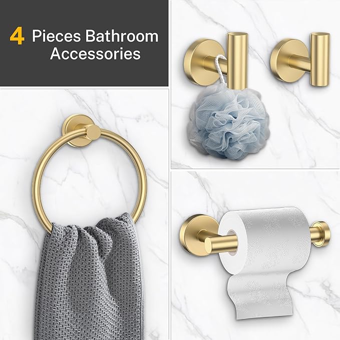 4-Piece Brushed Gold Bathroom Hardware Set,Gold Bathroom Accessories Include Towel Ring,Toilet Paper Holder & 2 Robe Hooks-Rustproof Wall Mounted Bathroom Set