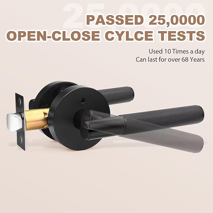 Matte Black Privacy Door Handle Modern, 4 Pack Keyless Interior Door Lever, Knurled Round Door Lock Set for Bedroom and Bathroom, Reversible for Right & Left Side