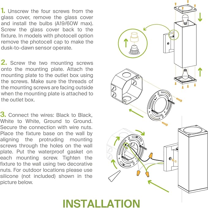 ASD 2 Light Square Outdoor Wall Light Fixture | 120W E26 Bulb Socket 120V ETL Cylinder Up Down Lights | LED/CFL/Incandescent Exterior Bulb Wall Sconce | Front Door, Porch, Patio | Black