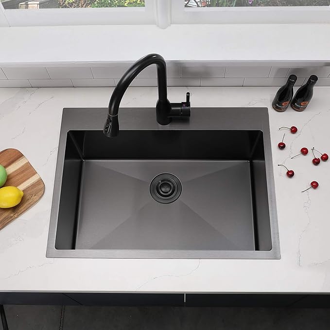 SHACO 33x22 Black Drop In Kitchen Sink, 33 Inch Large Top Mount Gunmetal Black Farmhouse Sink, Single Bowl Basin 16 Gauge SUS304 Stainless Steel Wet Bar Prep Sink