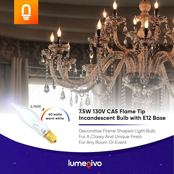 lumenivo 7.5 Watt Light Bulbs 120V/130V Bent Tip Candelabra, Flame Tip Chandelier Bulbs, Flame Shaped Light Bulbs Standard Base – Replacement Christmas Candle Tip Incandescent E12 Bulbs – 1 Pack