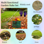 Garden Rake for Leaves with Telescoping Long Handle 33-63" & Adjustable Head 8-22" - Heavy Duty Metal Rake Kit with 16 Gallon Leaf Bag & Gloves, for Yard, Shrubs, Grass, Debris