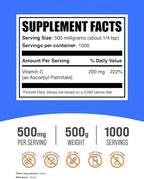 BulkSupplements.com Ascorbyl Palmitate Powder - Vitamin C Ester, Ascorbyl Palmitate 500mg - Vitamin C Supplement, Gluten Free, 500mg per Serving, 500g (1.1 lbs) (Pack of 1)