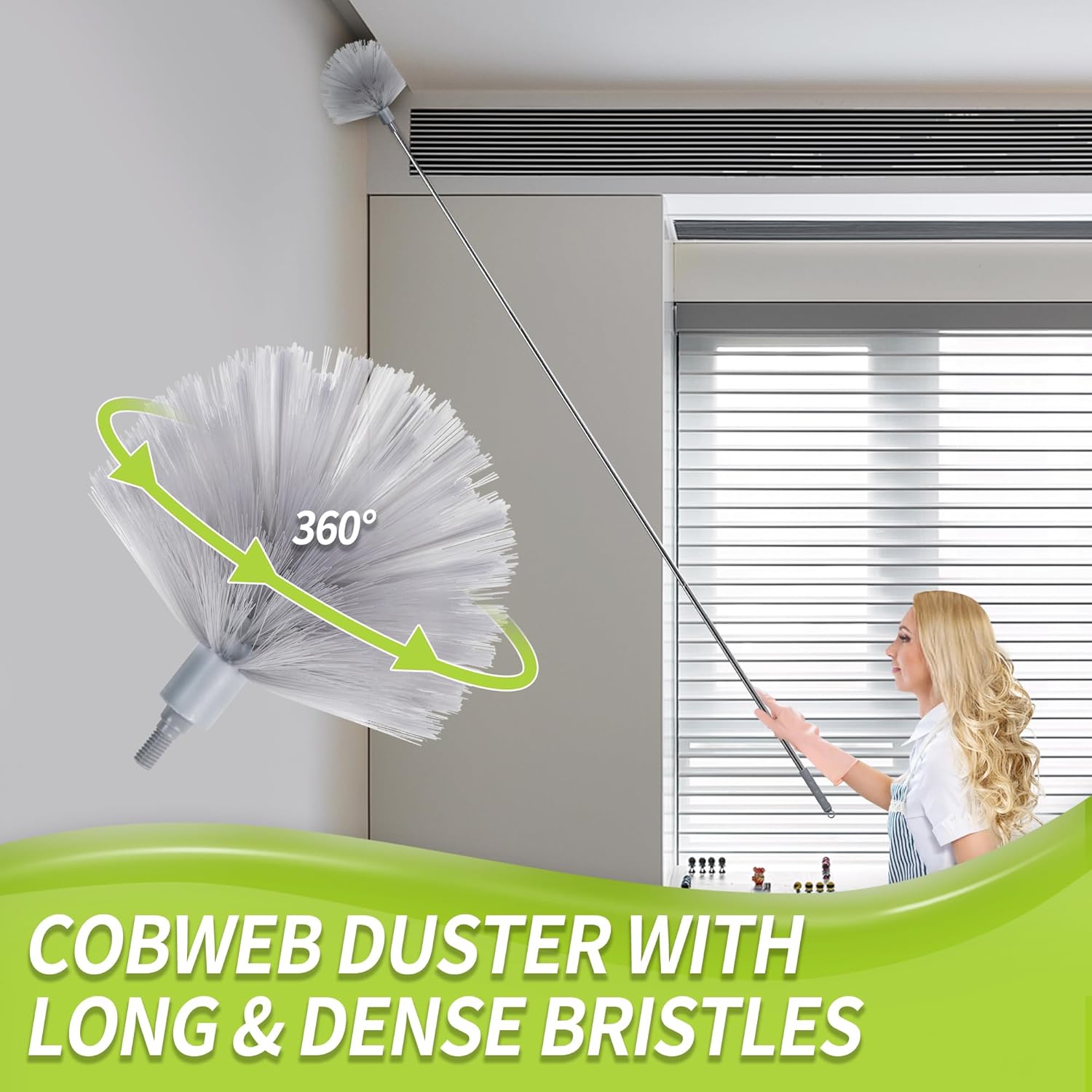 Duster with Extension Pole, Skinny Duster/Under Appliance Cleaning Tool & Spider Web Brush & Ceiling Cleaner, 100" Microfiber Feather Cleaner with Washable Head for Fan Furniture Wall