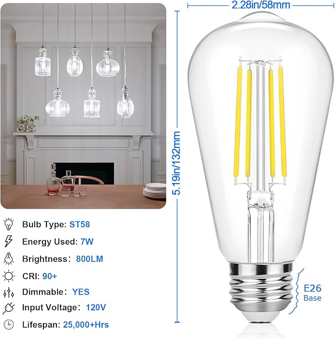 Vintage LED Edison Bulbs 60 Watt Equivalent Dimmable 7W ST58 LED Filament Light Bulbs Daylight White 5000K Antique Style Lighting High Brightness 800LM E26 Medium Base Clear Glass Home Office, 12 Pack