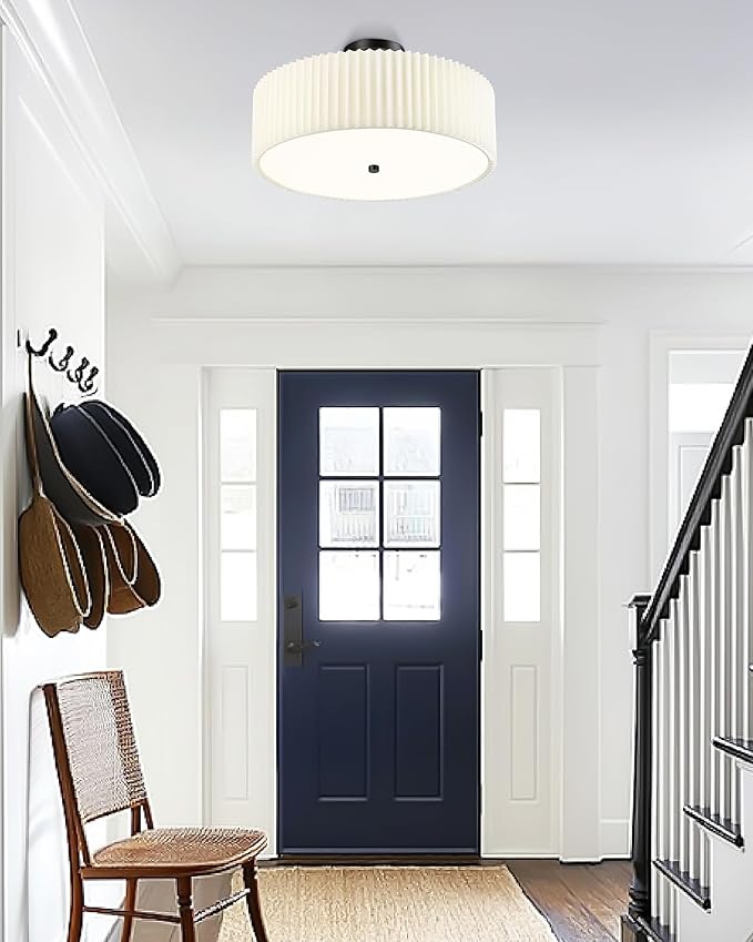 Semi Flush Mount Ceiling Lights, 4-Light 18" Matte Black Ceiling Light Fixture with White Pleated Fabric Shade, Drum Lamp for Nursery Hallway Bedroom Kitchen, AD-25036-4SF-BK