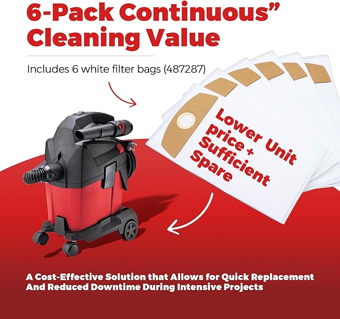 6-Pack Wet/Dry Dust Bags for FLEX 24V Brushless Wet/Dry Vacuum | Filter Bags Compatible with FLEX VC 6L MC & VC 6L MC 18.0 | Vacuum Cleaner Replacement Bags 487287