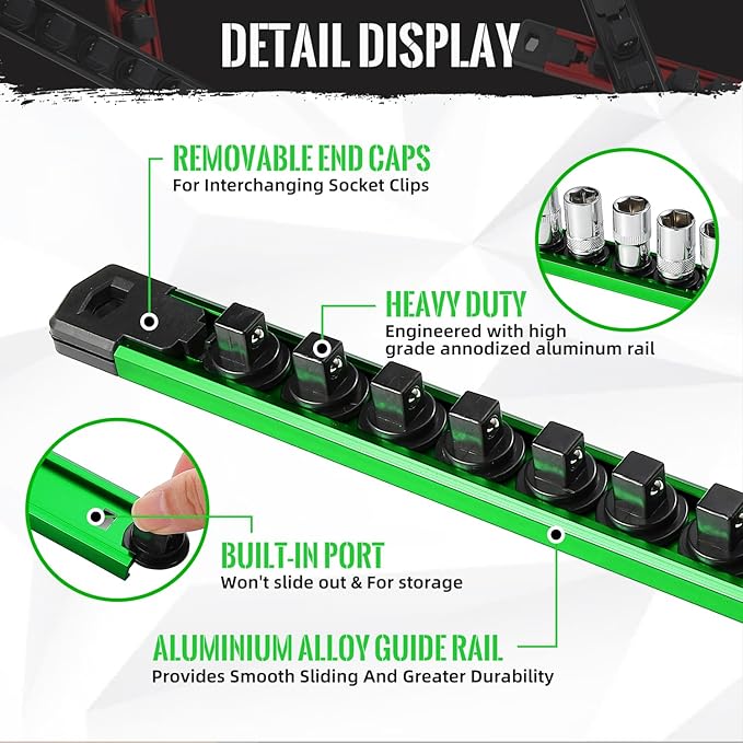Magnetic Socket Organizer, 3-Piece Heavty Duty Aluminum Socket Holder, Socket Rail for Tool Box, Premium Quality 360° Swivel Socket Rack with 42 Clips for 3/8-Inch(Green)
