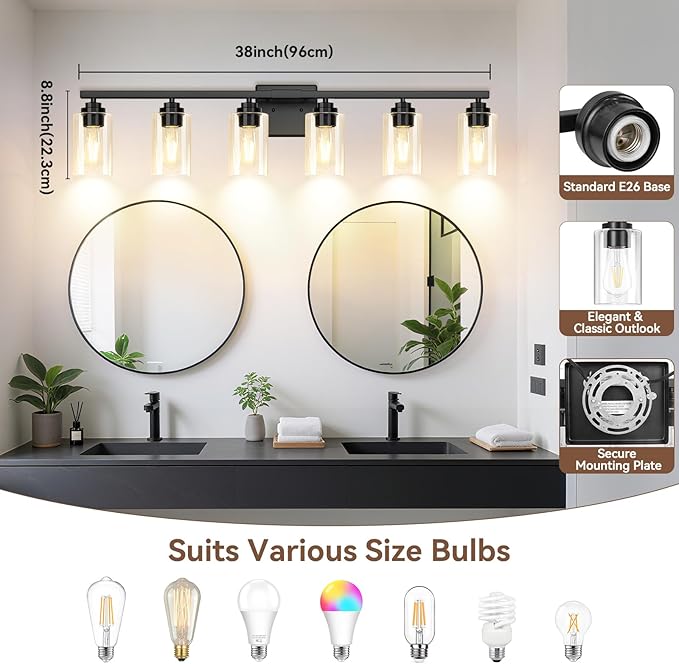 6-Light Bathroom Light Fixtures, 38" Modern Vanity Lights Over Mirror with Clear Glass Shades, Matte Black Light Fixture, Classic Wall Light Fixture for Mirror Living Room Cabinet Bedroom Porch