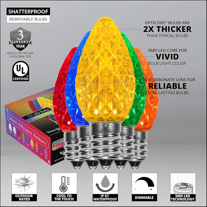 Wintergreen Lighting 25 Pack OptiCore C7 LED Christmas Light Bulbs - Replacement LED Christmas Lights Heavy Duty Premium Outdoor Christmas Lights, E12 Base (Multicolor Faceted)