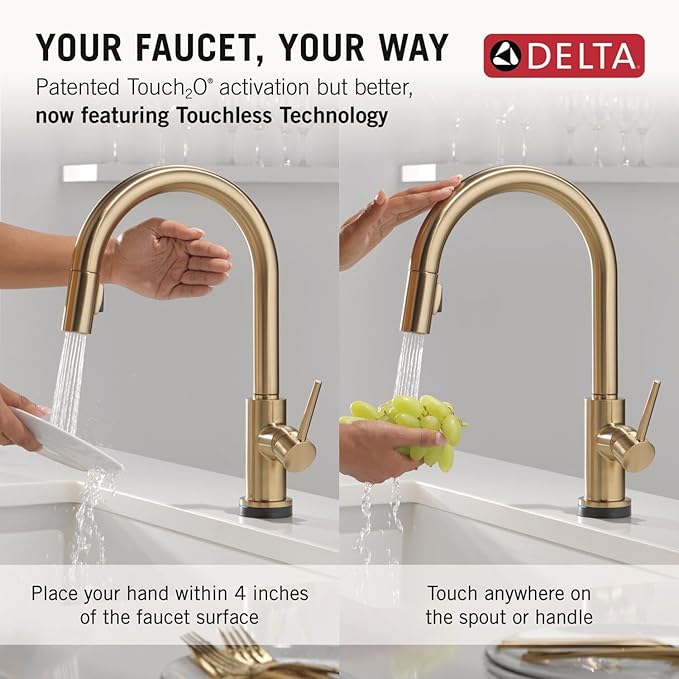 Delta Trinsic Touchless Kitchen Faucet with Touch Technology, Brushed Gold Kitchen Sink Faucet with Pull Down Sprayer, Single Hole, Champagne Bronze 9159TL-CZ-DST