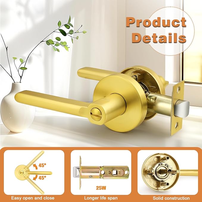 Probrico Gold Door Lever Privacy Door Handle Brushed Gold Door Handles Interior for Bed Bath, Keyless Door Handle Wave Style, 5 Pack