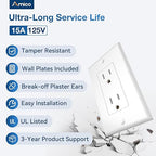 Amico 50 Pack Wall Outlet, 15 Amp Outlets, UL Listed, Tamper Resistant Standard Electrical Outlet, Decorator Receptacle with Wall Plate, Suitable for Home and Business, 125V/1875W, White