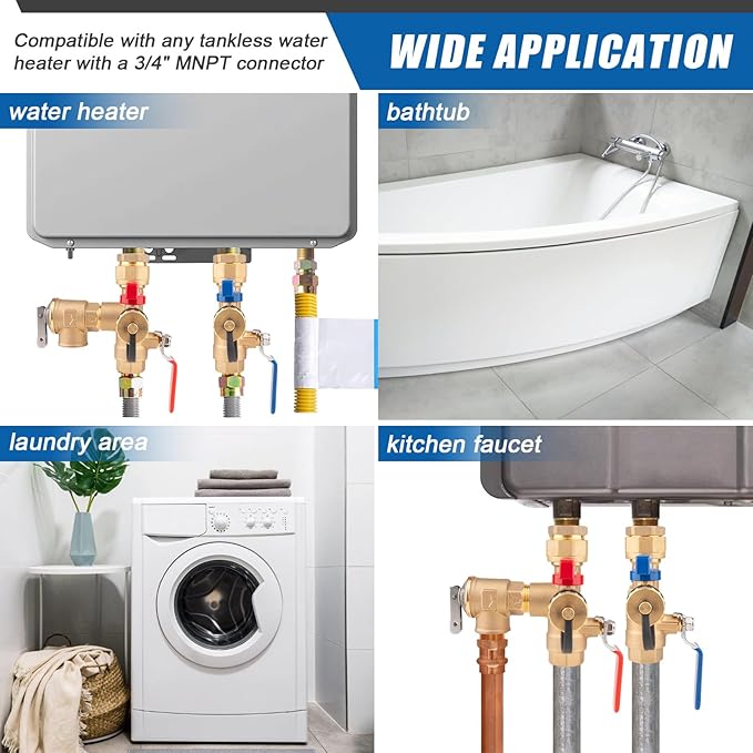 Isolator Tankless Water Heater Valve Kit with Pressure Relief Valve, 3/4 Inch IPS Water Heater Flush Kit, Clean Brass