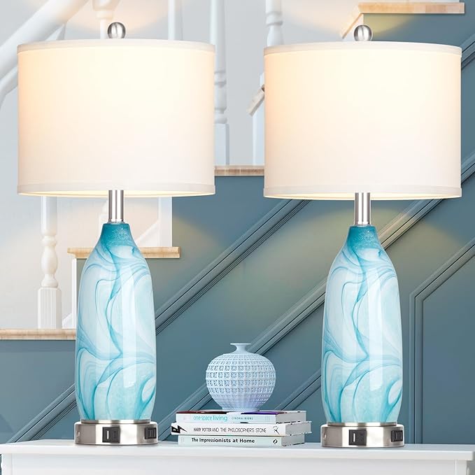 26" Coastal Table Lamps Set of 2, Modern Table Lamps with USB A+C Ports & AC Outlet, Touch Control Glass Bedside Nightstand Lamp with Night Light for Living Room Bedroom End Table Blue(Bulbs Included)