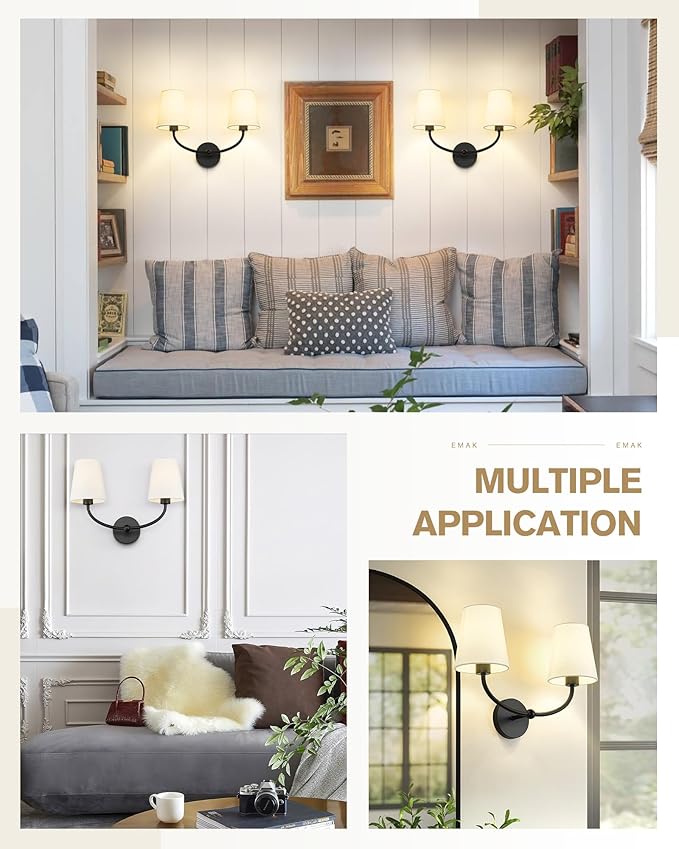 Emak Black Wall Sconces, 2-Light Bathroom Vanity Light Fixtures, Modern 19 Inch Bathroom Light Fixtures with White Fabric Shade for Bathroom, Living Room, Hallway, Bedroom, Stairway, VL116-BK-2