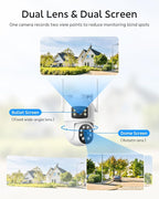 Dual Lens Security Cameras Wireless Outdoor, 2K Full HD Video, 360° View Pan/Tilt Home Security Camera with Color Night Vision, PIR Alarm, 2.4G/5G WiFi, Auto Tracking, 2-Way Audio, Easy to Install