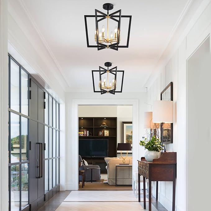 Modern Black Gold Chandelier 6-Light Farmhouse Geometric Pendant Lighting Fixture for Dining Room Living Room Kitchen Island Entryway Bedroom Office, 20" Ceiling Hanging Lamp