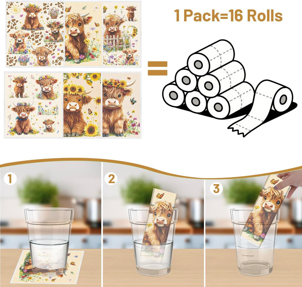 Swedish Dishcloths for Kitchen, 6PCS Floral Highland Cow Swedish Dish Cloths Gift Set, Reusable Washable Absorbent Dish Towel for Home Cleaning