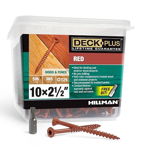 Deck Plus 2-1/2 Inch Epoxy Coated Exterior Wood and Fence Screws #10 x 2-1/2" Torx/Star Drive Included Coarse Thread, Outdoor Rust Resistant Decking Screw, Red, 5lb Box, 365 Pieces | 48430