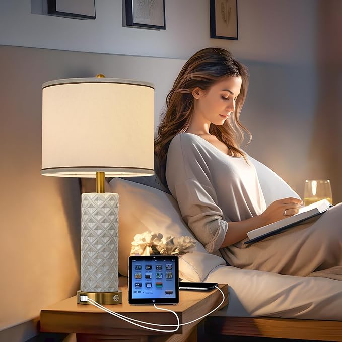 Set of 2 Table Lamp for Living Room Bedroom Farmhouse,26'' Touch Control Bedroom Ceramic Lamps 3-Way Dimmable Bedside Lamps with USB A+C Ports Linen Shade for Home(2 Bulbs Included)