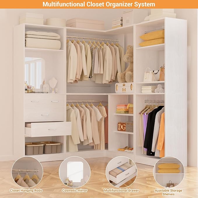 Unikito 86” Closet System, Large Corner Closets Organizer with Hanging Rods and Mirror Design, Freestanding Adjustable Wood Clothes Garment Rack with Drawers, Sturdy Walk in Closet Tower, White