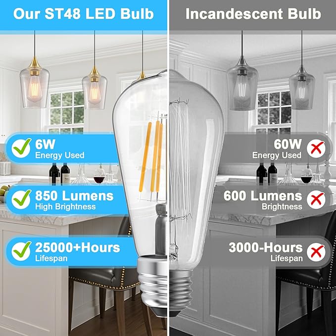 Ralbay ST48 Vintage LED Edison Bulbs 10 Pack, 60W Equivalent, Warm White 2700K, Clear Glass E26 Medium Base