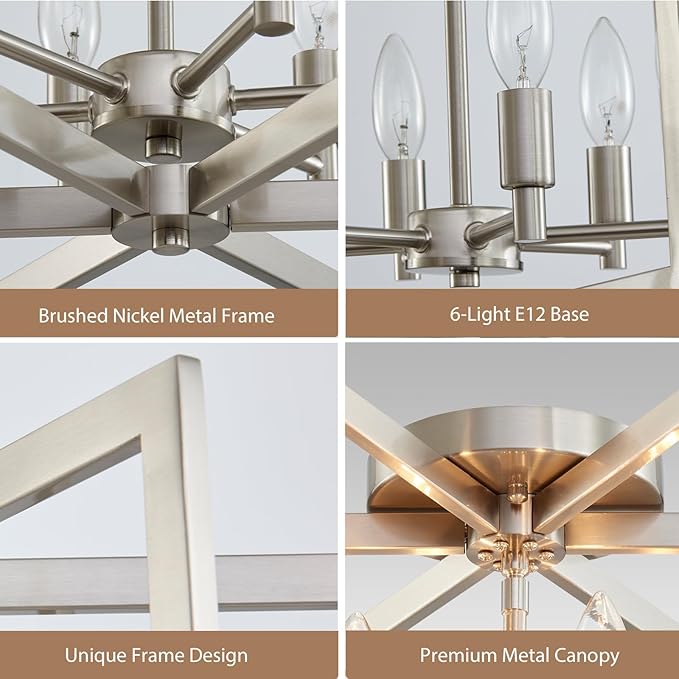 Brushed Nickel Ceiling Light, 20 Inch Chandelier for Dining Room Geometric Metal Modern Chandelier Light Fixture for Kitchen Island Living Room Entryway, 6-Light