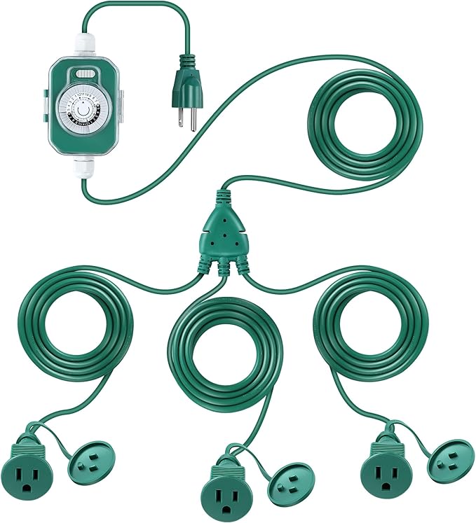 Feekoon 50FT Outdoor Extension Cord with Timer, 1 to 3 Way Extension Cord Splitter, 16AWG SJTW Heavy Duty 3 Plug Green with Multiple Outlets and Weatherproof Covers for Halloween Christmas