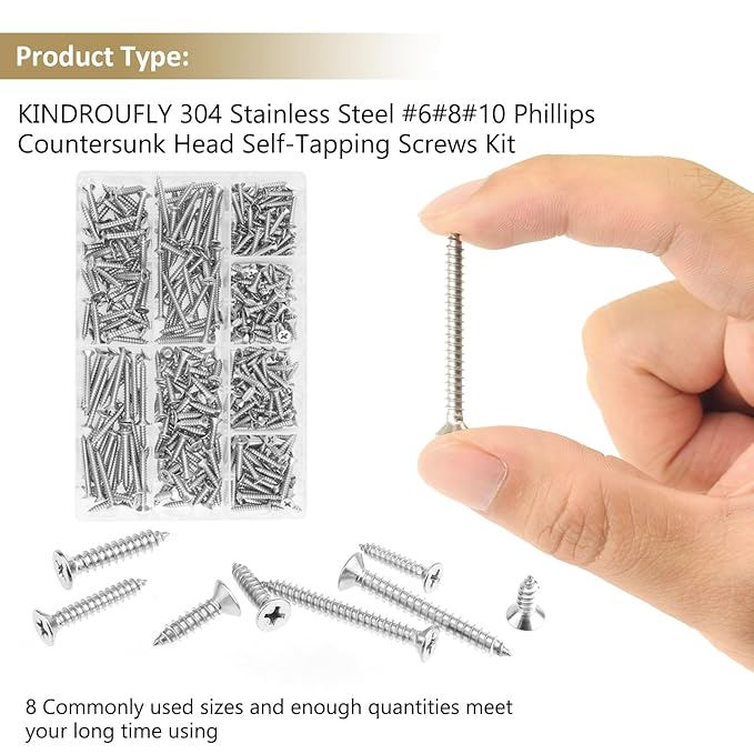 327 Pieces #6#8#10 Phillips Countersunk Head Self-Tapping Screws, Wood Screws Assortment Kit, 304 Stainless Steel