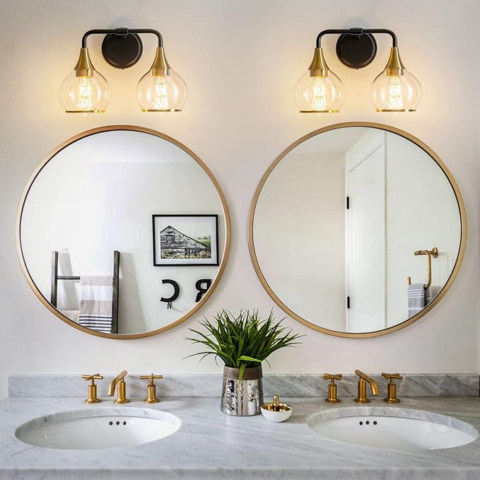 Black and Gold Bathroom Light Fixtures 2-Lights Vanity Lights with Clear Glass Shade Bathroom Vanity Light 14 Inch Wall Sconces(Exclude E26 Bulb)…
