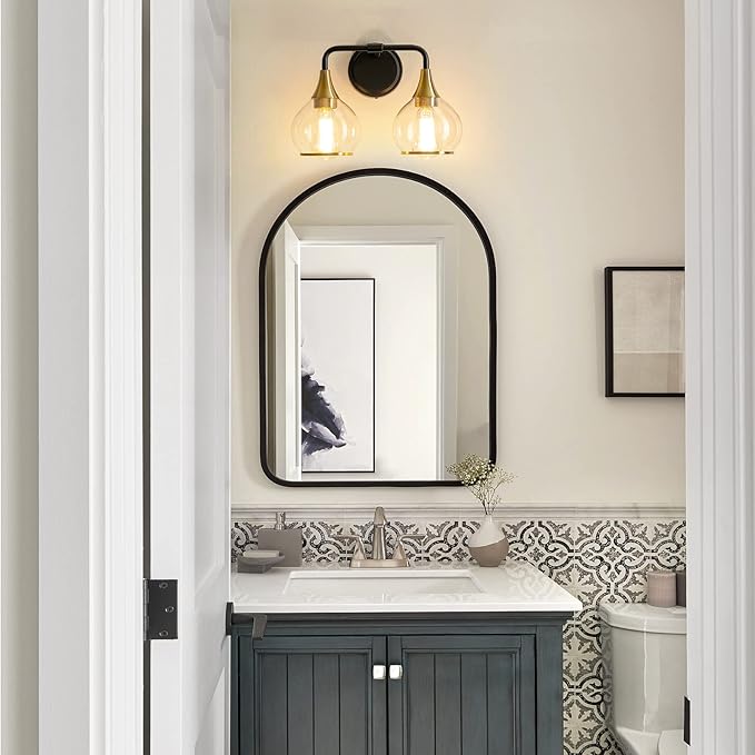 Black and Gold Bathroom Light Fixtures 2-Lights Vanity Lights with Clear Glass Shade Bathroom Vanity Light 14 Inch Wall Sconces(Exclude E26 Bulb)…