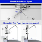 21" Height Commercial Faucet with Pre-Rinse Sprayer and 8" Add-on Swing Spout – Wall Mount Kitchen Sink Faucet,8" Adjustable Center Brass Body for 1/2/3 Compartment Restaurant Utility Sink