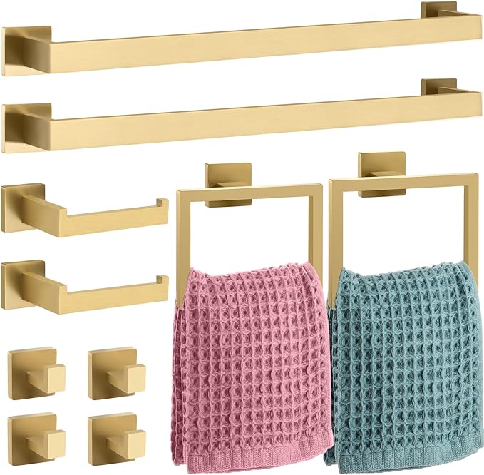 Gisafai 10 Pcs Bathroom Hardware Accessories Set 23.6 Inch Bath Towel Bar Kit Stainless Steel Bathroom Hardware Set Towel Racks Ring Hooks Paper Holder for Wall Mounted (Gold)