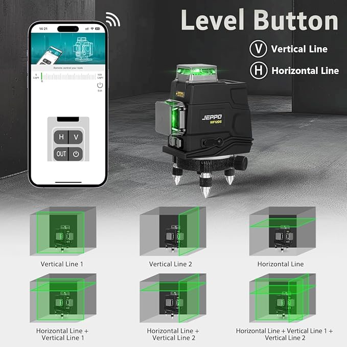 JEPPO Laser Level 360 Self Leveling,3x360° Cross Line Green Laser Level，3D Lazer Level for construction and picture hanging,APP Remote Control,with 5000mAh Rechargeable Battery,Magnetic Rotating Stand