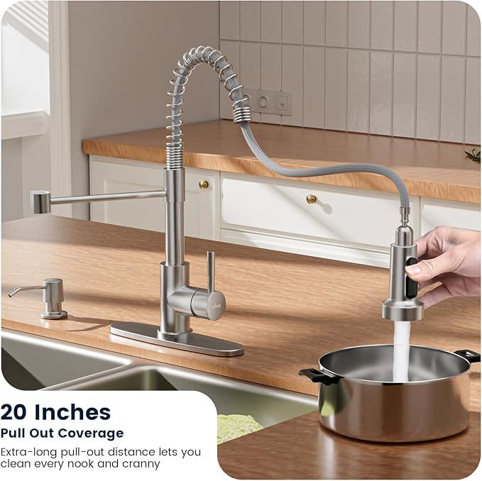 APPASO 3-Mode Kitchen Faucet with Soap Dispenser, Stainless Steel Pull Down Faucet for Kitchen Sink, Spring High Arc Tall Modern Single Handle Kitchen Sink Faucet with Sprayer Brushed Nickel
