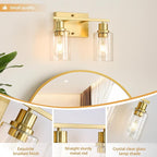 EMONG Gold Bathroom Light Fixtures, 2-Lights Brushed Brass Vanity Light with Clear Glass Shade, Modern Wall Sconces for Hallway, Farmhouse, Living Room