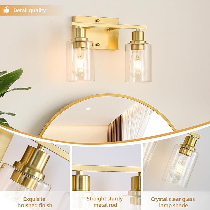 EMONG Gold Bathroom Light Fixtures, 2-Lights Brushed Brass Vanity Light with Clear Glass Shade, Modern Wall Sconces for Hallway, Farmhouse, Living Room