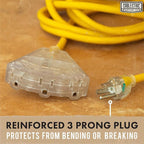 50 Ft Outdoor Extension Cord with 3 Power Outlets - 15 Amp 10/3 SJTW Heavy Duty Yellow 10 Gauge Lighted Electrical Cable with 3 Prong Grounded Plug