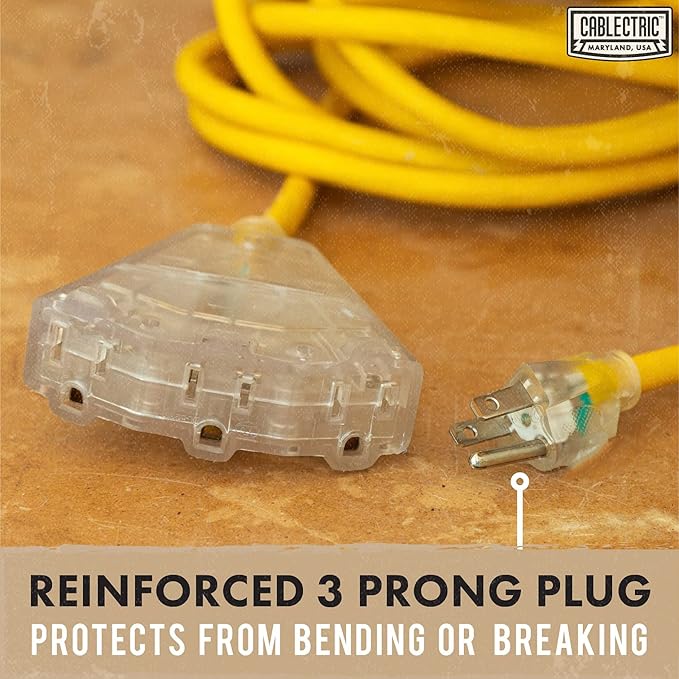 50 Ft Outdoor Extension Cord with 3 Power Outlets - 15 Amp 10/3 SJTW Heavy Duty Yellow 10 Gauge Lighted Electrical Cable with 3 Prong Grounded Plug